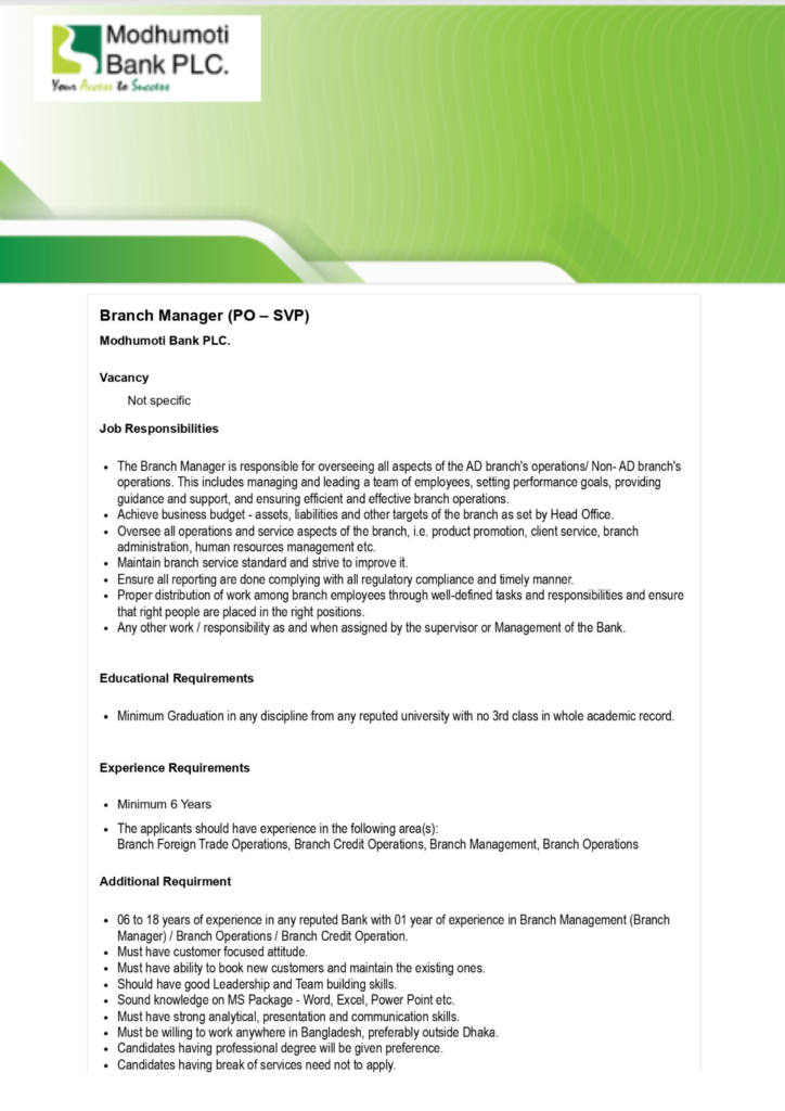 Branch Manager PO – SVP Modhumoti Bank PLC Jobs 2024 Photo PDF Download