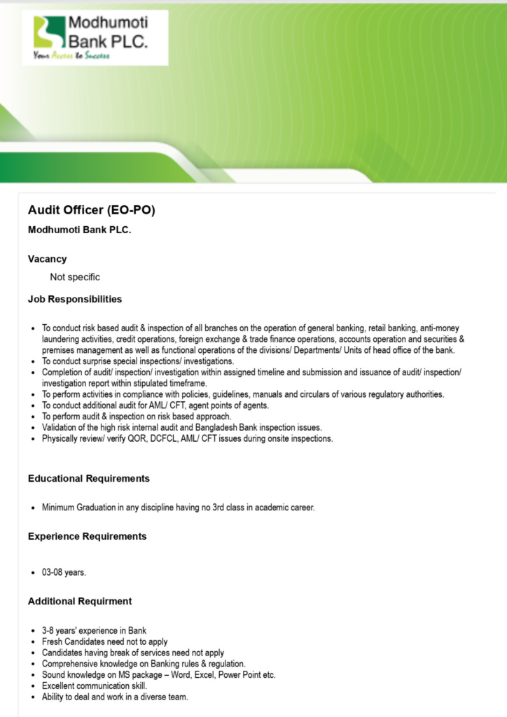 Modhumoti Bank PLC Jobs 2024 Audit Officer EO PO