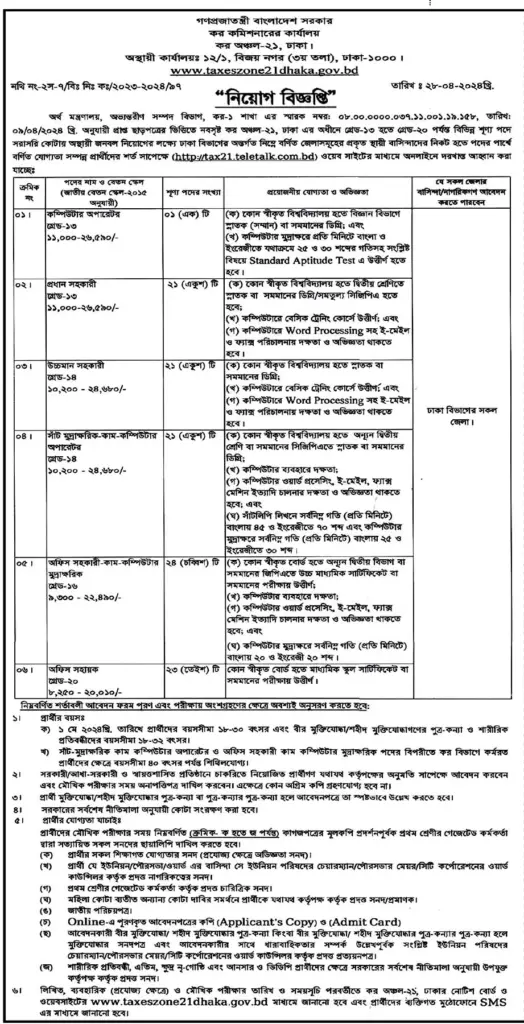 Tax Zone 21 Dhaka Job Circular 2024 Photo Notice PDF
